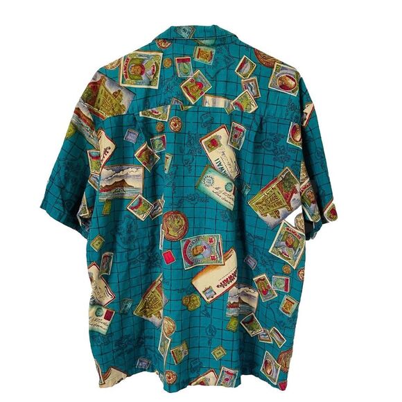 Vintage Paradise Found Hawaiian Shirt Mens XL Blue Postcards Coins Stamps Island - Picture 2 of 8
